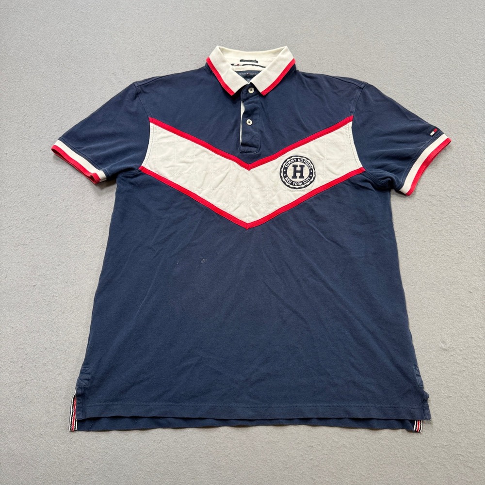 Vintage Tommy Hilfiger Polo Shirt Men's Large Blue Chevron Quilted Custom Fit